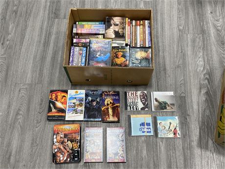 LARGE LOT OF DVDS, CDS & VHS