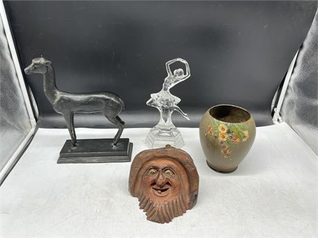 VINTAGE / COLLECTABLES - HEAVY METAL GAZELLE FIGURE, EARLY BOUQUET POTTERY & ECT