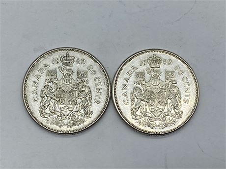 2 1963 SILVER 50 CENT COINS