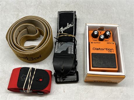 BOSS DISTORTION PEDAL, 1 LEATHER STRAP AND 2 OTHER STRAPS