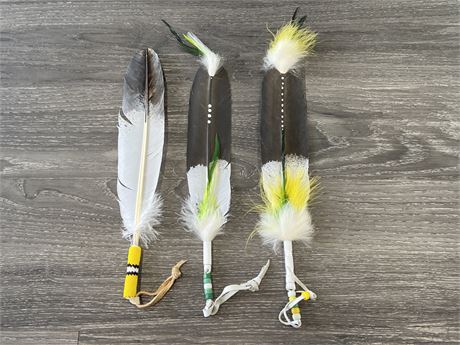 3 BEADED & PAINTED LARGE FEATHERS - 15”