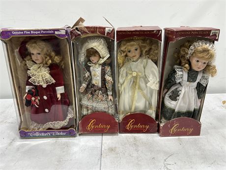 4 COLLECTOR DOLLS IN BOX 18” TALL (Some boxes have damage)