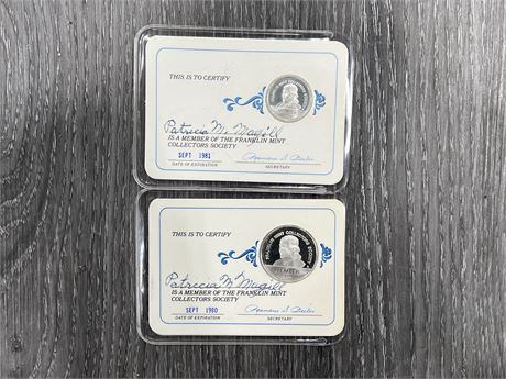 2 VINTAGE 1970’s / 80’s FRANKLIN MINT MEMBERSHIP SILVER COINS