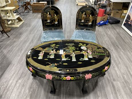 (NEW) HANDPAINTED LACQUERED CHINESE TABLE SET W/2 CHAIRS (SEE DESCRIPTION)