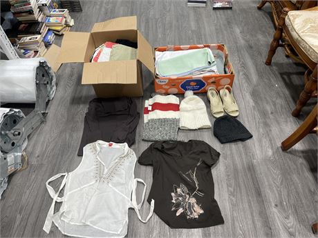 2 BOXES OF MISC WOMANS CLOTHING (SOME NEW) (SIZES VARIE)