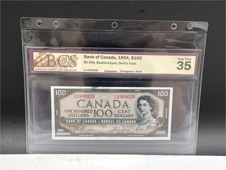 BCS GRADED VF 35 - $100 CANADIAN DEVIL FACE 1954 BILL