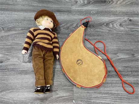 16” CERAMIC DOLL & LEATHER WATER POUCH
