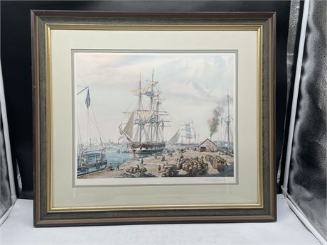 ROY CROSS SIGNED NEW BEDFORD WHALER WARPING PRINT WITH COA 25”x22”