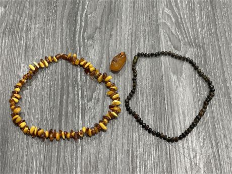 2 REAL AMBER NECKLACES & PENDANT - LONGEST IS 18”