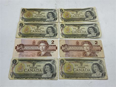 8 VINTAGE CANADIAN ONE & TWO DOLLAR BILLS