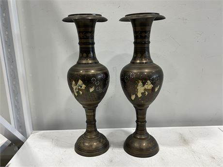 2 VINTAGE HAND PAINTED BRASS VASES (20”)