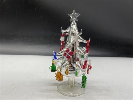 BLOWN GLASS CHRISTMAS TREE WITH 14 MINI MURANO LIKE GLASS ORNAMENTS 6”