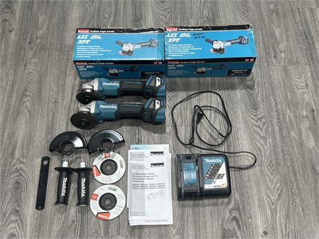 2 MAKITA CORDLESS ANGLE GRINDERS W/ CHARGER & EXTRAS