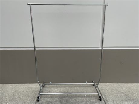 STAINLESS STEEL CLOTHES RACK/BASE 42”, HEIGHT 64”, WIDTH WITH EXTENSIONS 49”