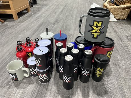 LARGE LOT OF MOSTLY NEW THERMOS, CUPS & ECT W/ WWE LOGO