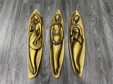 3 VINTAGE CAULKWARE WALL PLAQUES MADE IN CANADA (Trio sculptural muses, 22”ea)