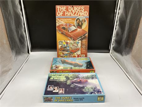 2 VINTAGE DUKES OF HAZARD PUZZLES (Complete) & VINTAGE COLOURING POSTER