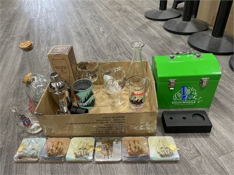 DECANTERS, GLASSES, STEAM WHISTLE METAL BOX + MORE