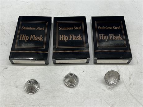 3 NEW STAINLESS STEEL HIP FLASKS