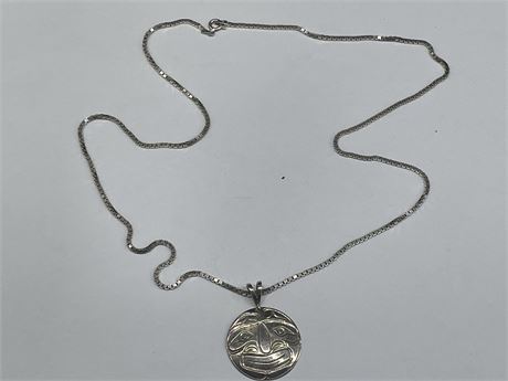 SIGNED STERLING NATIVE PENDANT WITH STERLING CHAIN (24”)