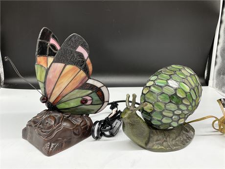 STAINED GLASS LAMPS- BUTTERFLY (9” TALL) & SNAIL W/CAST IRON BASE