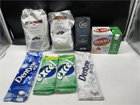 4 NEW PACKS OF GUM, 3 NEW COFFEE BAGS & NEW NESTLE BOOST PROTEIN SHAKES