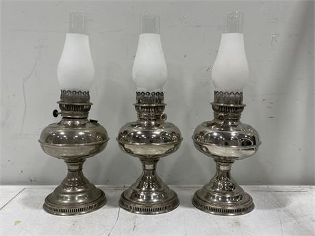 3 RAYO KEROSENE NICKEL PLATED LAMPS W/CHIMNEYS (19” TALL TOTAL)