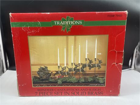 SOLID BRASS REINDEER CANDLES + SLEIGH IN BOX