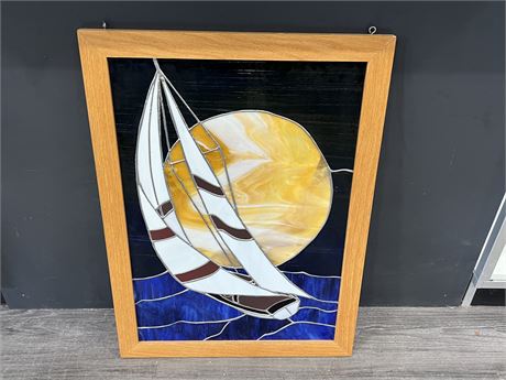 LARGE OAK FRAMED STAINED LEADED GLASS SAILBOAT PANEL - 22”x31”