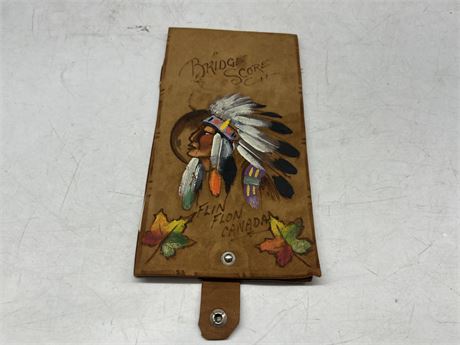SUEDE BRIDGE SCORE BOOKLET W/ HAND-PAINTED NATIVE AMERICAN CHIEF 1930’S