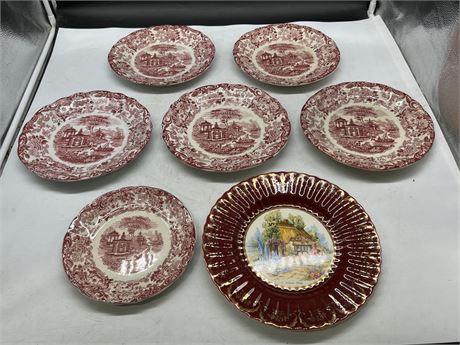 1930s WADE CABINET PLATE & 6 VINTAGE RED TRANSFER WARE PLATES