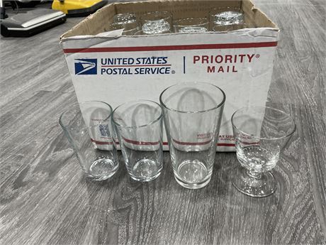 BOX OF 32 PIECES MOSTLY NEW GLASSWARE