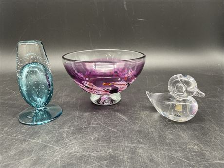 3 ART GLASS PIECES ALL SIGNED (PURPLE VASE 5” DIAMETER)