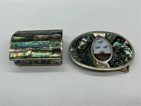 MEXICAN STERLING BELT BUCKLE & BOX W/ABALONE INLAYS