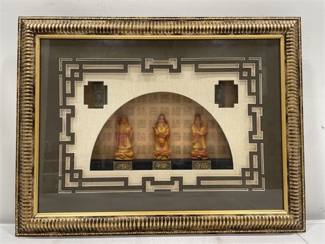 FRAMED CHINESE GOOD LUCK STATUES 28”x21”