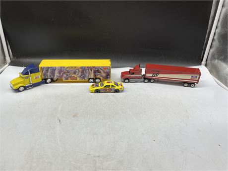 LOT OF 2 TRACTOR TRAILER LIKE NEW DIE CASTS & RACE CAR