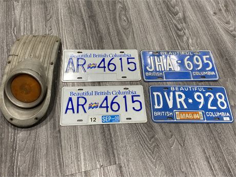 (4) BC LICENSE PLATES & VINTAGE CAR LIGHT - 2 FROM 1980s