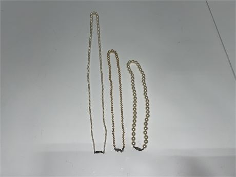 3 PEARL STYLE NECKLACES WITH STERLING CLASPS