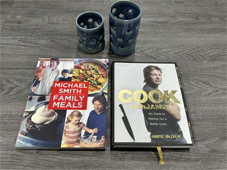 2 COOK BOOKS & 2 CANDLE HEART HOLDERS (LARGEST 3.5”X6”)