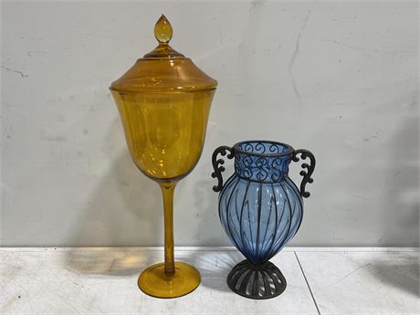LARGE BLUE GLASS ENCASED IN IRON & LARGE YELLOW GLASS PIECE (26”)
