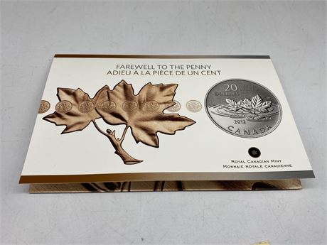 ROYAL CANADIAN MINT 2012 $20 FINE SILVER FAREWELL TO THE PENNY COIN