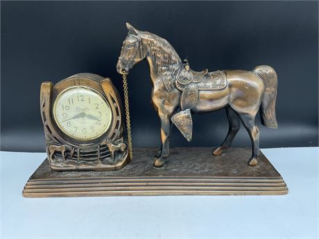VINTAGE BRESLIN COPPER HORSE MANTLE CLOCK (MADE IN CANADA - 18” WIDE)