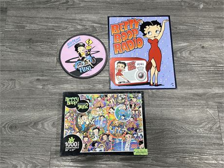 3 PCS OF BETTY BOOP COLLECTIBLES - SIGN, PUZZLE & WALL PLAQUE