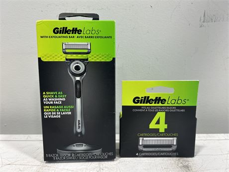 NEW GILLETTE LABS RAZOR W/BOX OF EXTRA CARTRIDGES