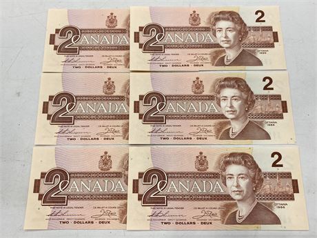 6 MINT STATE SEQUENTIAL 1986 $2 CANADIAN BILLS