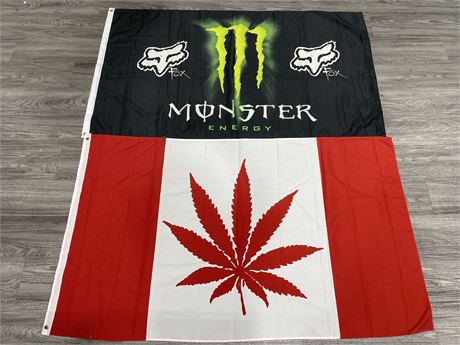 2 LARGE FLAGS/BANNERS - MONSTER ENERGY DRINKS & CANNABIS (60”X34”)