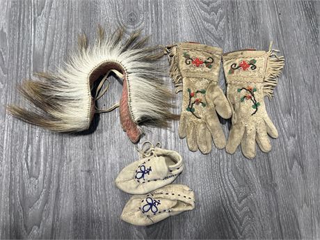 VINTAGE FIRST NATIONS KIDS GLOVES, BOOTS & HEAD DRESS