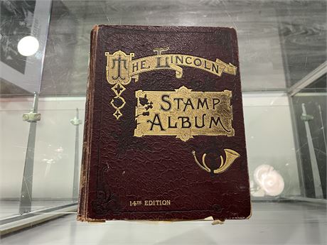 ANTIQUE STAMP ALBUM (INCLUDES HAND WRITTEN BIRTHDAY NOTE FROM 1909)