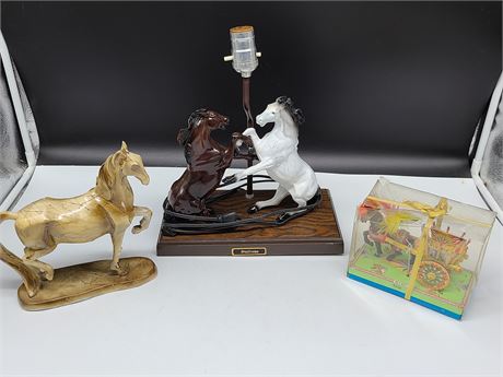 STYLIZED HORSE ON STAND & VINTAGE PLASTIC HORSE PAMP + CHINESE CART