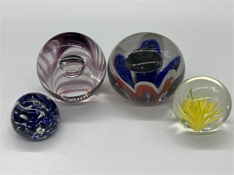 4 VINTAGE PAPERWEIGHTS (Largest is 3.5” wide)